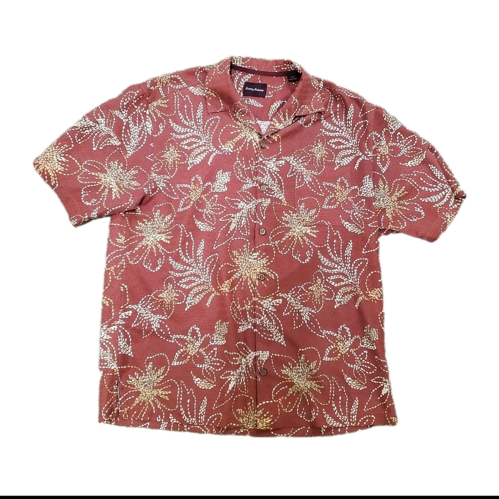 Tommy Bahama Silk Button Up Shirt Light Red Tropical Floral Print Mens Large SS